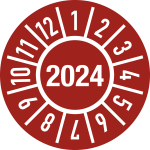 Prüfplakette Jahr 2024 mit Monaten, Folie-Spezialkleber, Ø 15 mm, 10 Stück/Bogen 