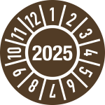 Prüfplakette Jahr 2025 mit Monaten, Dokumentenfolie, Ø 15 mm, 10 Stück/Bogen 