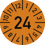 Prüfplakette Jahr 24 mit Monaten, orange, Dokumentenfolie, Ø 25 mm, 10 St./Bo. 