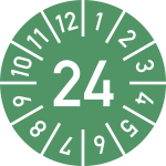 Prüfplakette Jahr 24 mit Monaten, grün, Folie, Ø 10 mm, 10 St./Bo. 