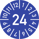 Prüfplakette Jahr 24 mit Monaten, blau, Folie, Ø 25 mm, 10 St./Bo. 
