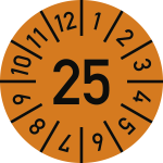 Prüfplakette Jahr 25 mit Monaten, orange, Dokumentenfolie, Ø 30 mm, 10 St./Bo. 