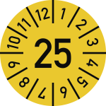 Prüfplakette Jahr 25 mit Monaten, gelb, Folie, Ø 10 mm, 10 St./Bo. 