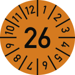 Prüfplakette Jahr 26 mit Monaten, orange, Folie, Ø 15 mm, 10 St./Bo. 