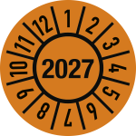 Prüfplakette Jahr 2027 mit Monaten, Folie-Spezialkleber, Ø 15 mm, 10 Stück/Bogen 