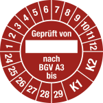 Prüfplakette Geprüft von nach BGV A 3 bis K1/K2 2024-2029,Folie,Ø30 mm,10St./Bo. 