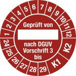 Prüfplakette Geprüft...DGUV Vorschrift 3 bis, 2024-2029,Folie,Ø 30 mm,10 St./Bo. 