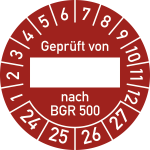 Prüfplakette Geprüft von nach BGR 500 2024-2027, Folie, Ø 30 mm, 10 Stück/Bogen 