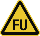 Warnung für Betriebsmittel mit Frequenzumrichter, Folie, 30 mm SL, 6 Stück/Bogen 