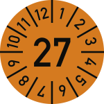 Prüfplakette Jahr 27 mit Monaten, orange, Folie, Ø 20 mm, 10 St./Bo. 