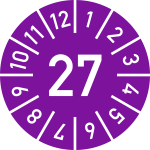 Prüfplakette Jahr 27 mit Monaten, violett, Folie-Spezialkl., Ø 15 mm, 10 St./Bo. 