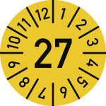 Prüfplakette Jahr 27 mit Monaten, gelb, Dokumentenfolie, Ø 20 mm, 10 St./Bo. 
