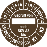 Prüfplakette Geprüft von nach BGV A 3 bis K1/K2 2025-2030,Folie,Ø30 mm,10St./Bo. 