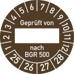 Prüfplakette Geprüft von nach BGR 500 2025-2028, Folie, Ø 30 mm, 10 Stück/Bogen 