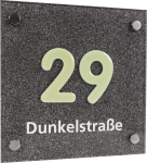 Hausnummernschild mit Straßenangabe,Acrylglas,Ziffer langnachleuchtend, 20x20 cm 