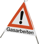 Faltsignal mit Symbol Gefahrstelle und Text "Gasarbeiten", 700 mm Seitenlänge 