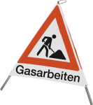 Faltsignal mit Symbol Baustelle und Text "Gasarbeiten", 700 mm Seitenlänge 