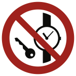 Mitführen von Metallteilen oder Uhren verboten ISO 7010, Folie, Ø 100 mm 