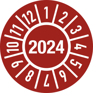 Prüfplakette Jahr 2024 mit Monaten, Folie, Ø 30 mm, 10 Stück/Bogen 