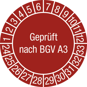 Prüfplakette Geprüft nach BGV A3 2024-2033, Dokumentenfolie, Ø 30 mm, 10 St./Bo. 