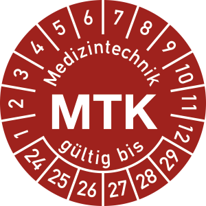 Prüfplakette Medizintechnik MTK 2024-2029, Polyesterfolie, Ø 15 mm, 10 Stk./Bog. 