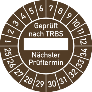 Prüfplakette Geprüft nach TRBS... 2025 - 2034, Folie, Ø 30 mm, 10 Stück/Bogen 