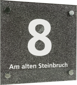 Hausnummernschild mit Straßenangabe, Acrylglas, Schrift weiß, 200x200 mm 