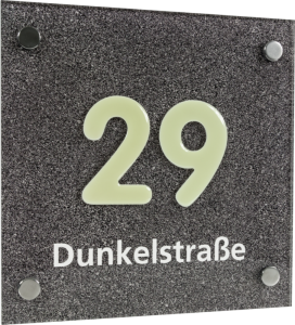 Hausnummernschild mit Straßenangabe,Acrylglas,Ziffer langnachleuchtend, 20x20 cm 
