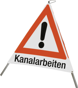 Faltsignal mit Symbol Gefahrstelle und Text "Kanalarbeiten",900 mm Seitenlänge 