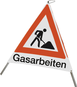 Faltsignal mit Symbol Baustelle und Text "Gasarbeiten", 700 mm Seitenlänge 