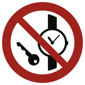Mitführen von Metallteilen oder Uhren verboten ISO 7010, Folie, Ø 200 mm 