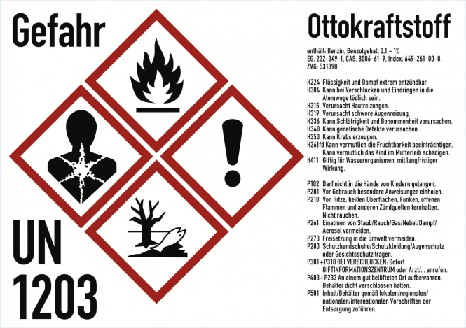 Gefahrstoffkennzeichnung Ottokraftstoff nach GHS, Folie, 105x74 mm, Idx 2019 