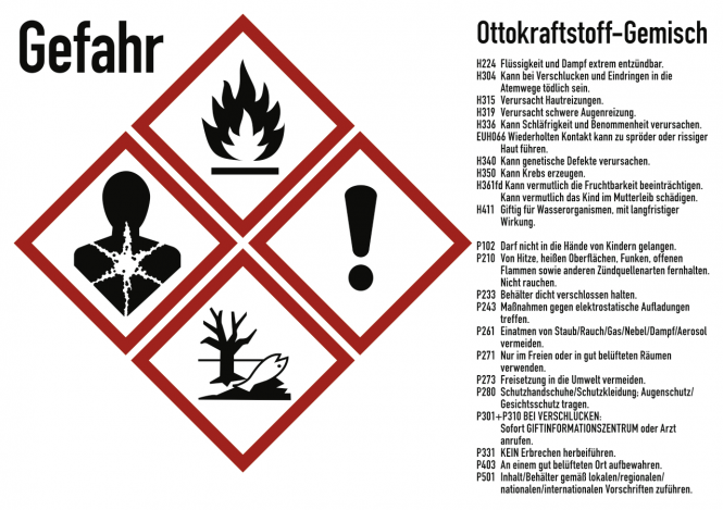 Gefahrstoffkennzeichnung Ottokraftstoff Gemisch, GHS, Folie, 105x74 mm, Idx 2019 
