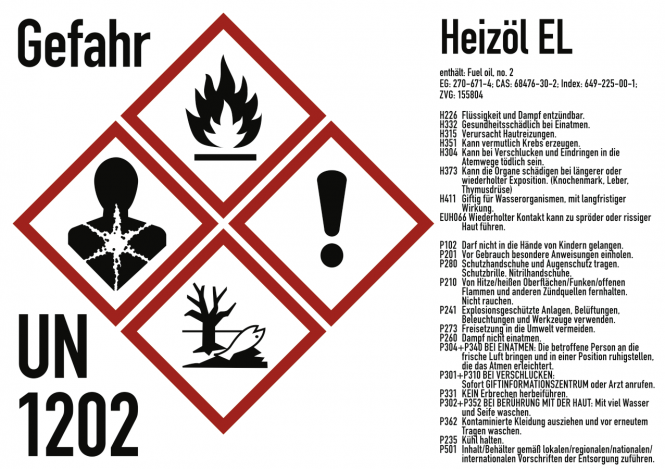 Gefahrstoffkennzeichnung Heizöl nach GHS, Folie, 105x74 mm, Idx 2019 