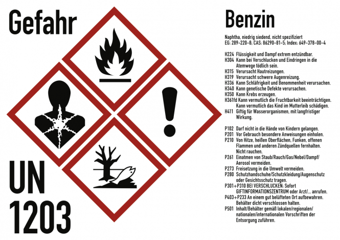 Gefahrstoffkennzeichnung Benzin nach GHS, Folie, 105x74 mm, Idx 2019 