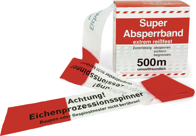 Absperrband "Achtung! Eichenprozessionsspinner",PE-Folie,rot/weiß,80x500000 mm 