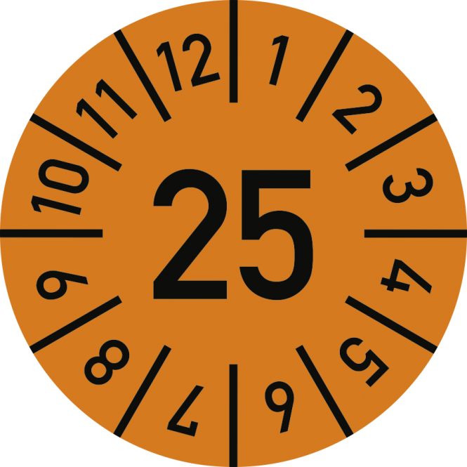 Prüfplakette Jahr 25 mit Monaten, orange, Folie-Spezialkl., Ø 20 mm, 10 St./Bo. 