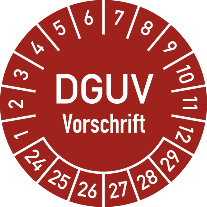 Prüfplakette DGUV Vorschrift, 2024 - 2029, Folie, Ø 25 mm, 10 Stück/Bogen 