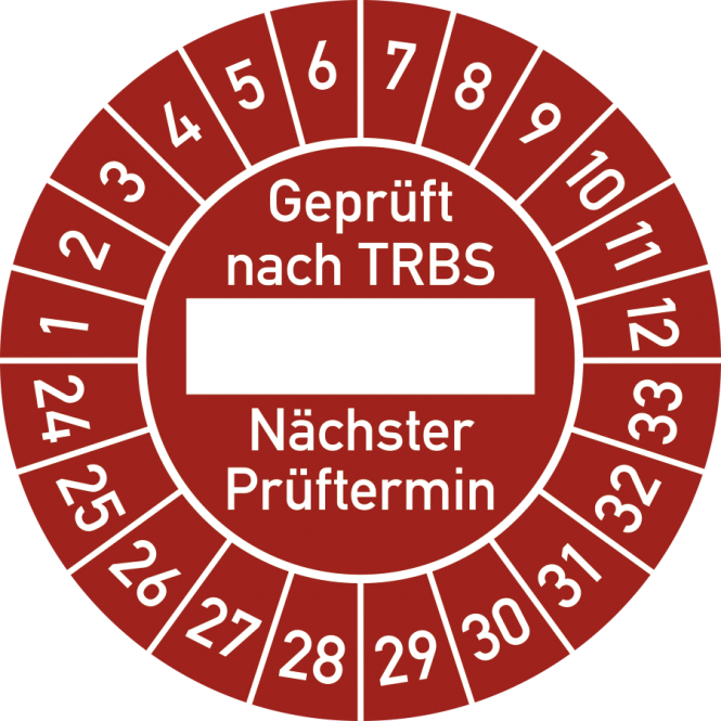 Prüfplakette Geprüft nach TRBS... 2024 - 2033, Folie, Ø 30 mm, 10 Stück/Bogen 