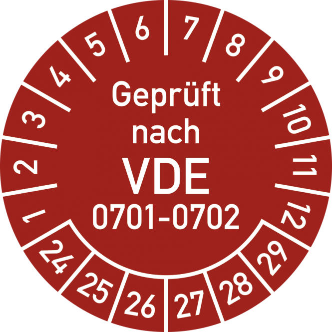 Prüfplakette Geprüft nach VDE 0701-0702 2024-2029, Folie, Ø 30 mm,10 Stück/Bogen 
