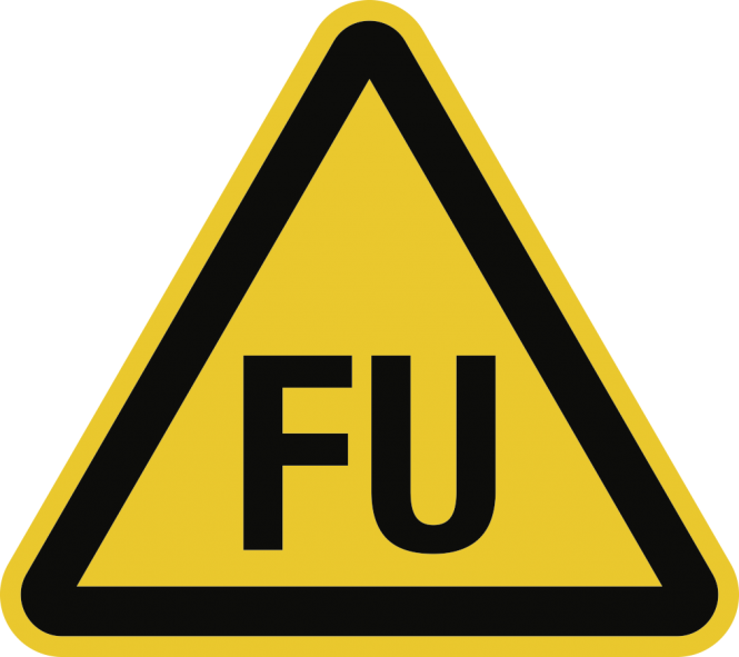 Warnung für Betriebsmittel mit Frequenzumrichter, Folie, 30 mm SL, 6 Stück/Bogen 