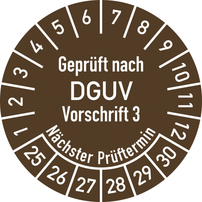 Prüfplakette Geprüft nach DGUV V3 ..., 2025-2030, Folie, Ø 25 mm, 10 Stk./Bog. 