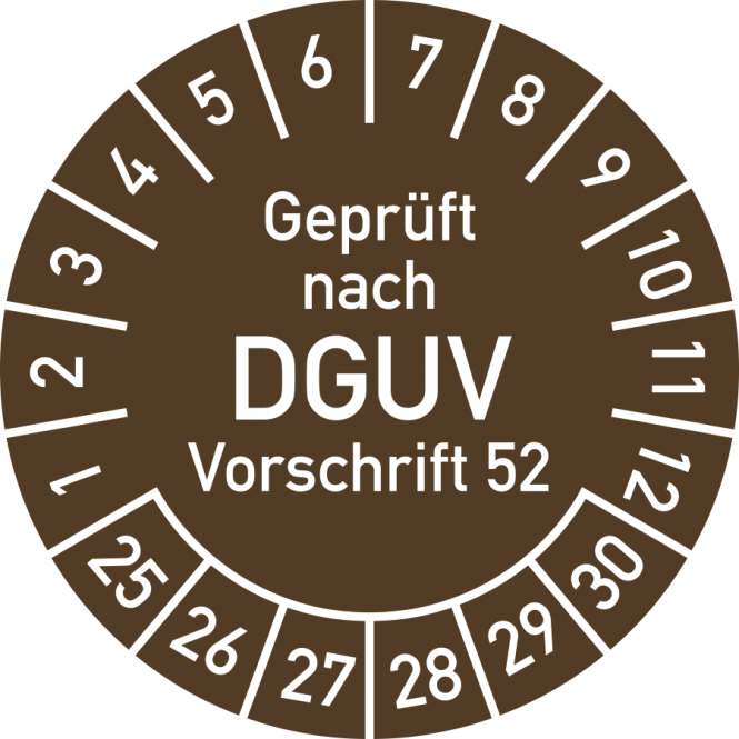 Prüfplakette Gepr. n. DGUV Vorsch. 52, 2025-2030,Polyesterfolie,Ø40mm, 10St./Bo. 