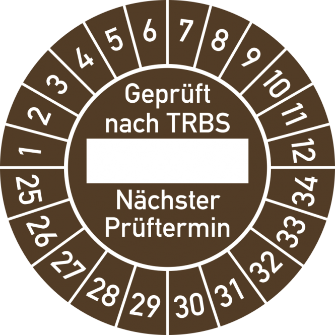 Prüfplakette Geprüft nach TRBS... 2025 - 2034, Folie, Ø 30 mm, 10 Stück/Bogen 