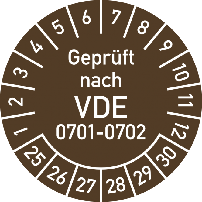 Prüfplakette Geprüft nach VDE 0701-0702 2025-2030, Folie, Ø 30 mm,10 Stück/Bogen 
