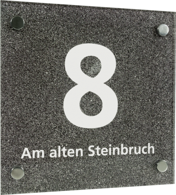 Hausnummernschild mit Straßenangabe, Acrylglas, Schrift weiß, 200x200 mm 