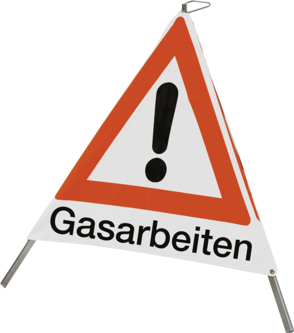 Faltsignal mit Symbol Gefahrstelle und Text "Gasarbeiten",900 mm Seitenlänge 