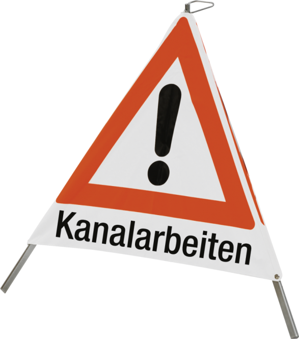 Faltsignal mit Symbol Gefahrstelle und Text "Kanalarbeiten",900 mm Seitenlänge 