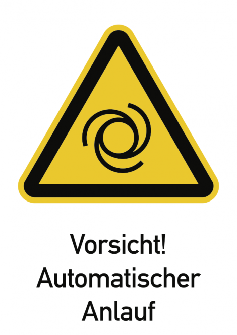 Vorsicht! Automatischer Anlauf ISO 7010, Kombischild, Alu, 131x185 mm 